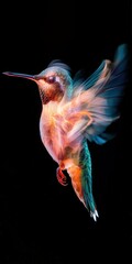 hummingbird frozen in mid-air, its tiny feet tucked close and wings blurred in rapid motion