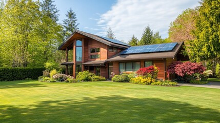 Front view of an energy-efficient house with solar panels and green garden, creating a peaceful eco-friendly living space