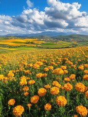 Fototapeta premium marigolds in full bloom, their yellow and orange flowers creating a lively patchwork of color in a beautiful rural landscape