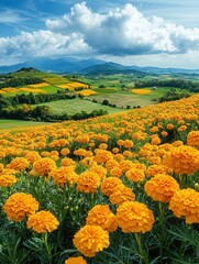 Fototapeta premium marigolds in full bloom, their yellow and orange flowers creating a lively patchwork of color in a beautiful rural landscape