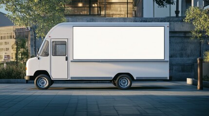 Fototapeta premium A blank food truck PNG mockup in a minimalistic outdoor plaza, parked with soft shadows and a clear backdrop, ideal for showcasing branding designs.