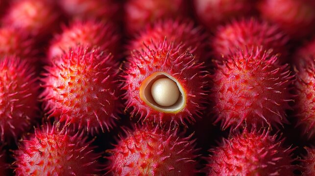 Close-up of annatto seeds, one open, vibrant red.