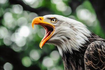 Obraz premium Side profile of a bald eagle in mid-screech - the sharp beak open with feathers ruffled.