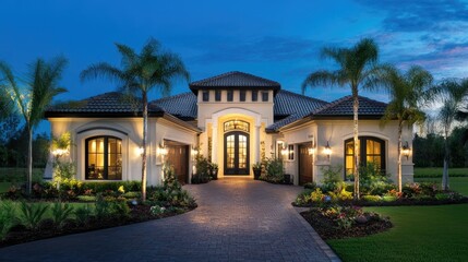 Fototapeta premium Luxury home entryway with a grand double door and manicured landscaping leading to the entrance.