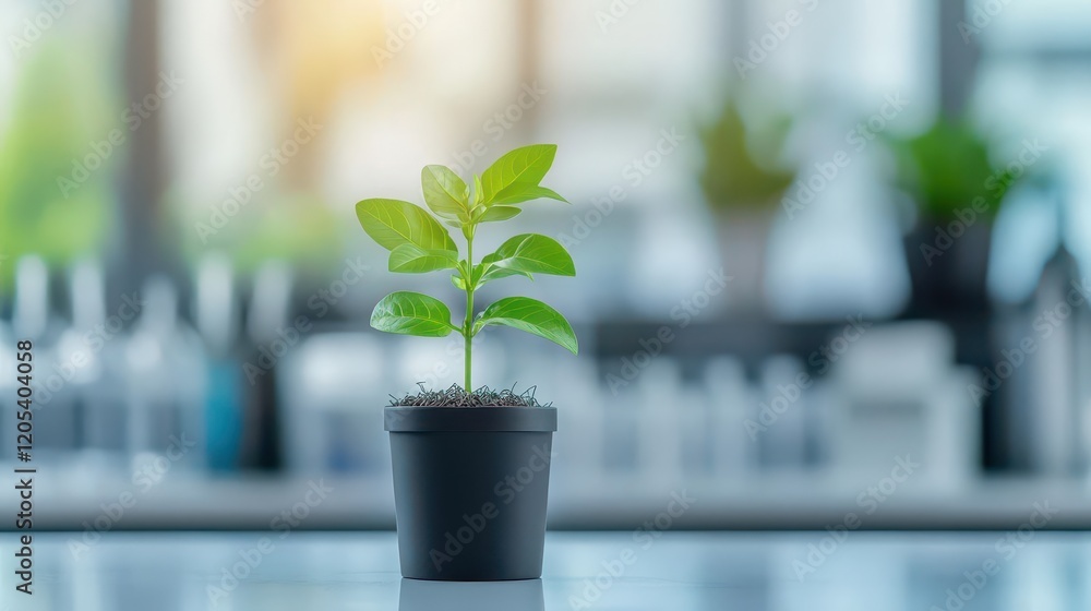 Aufkleber beautiful green plant in a simple pot on a wooden table surrounded by natural light creating a fresh