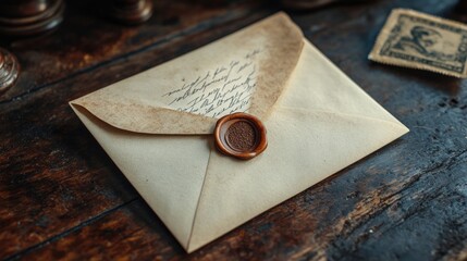Aged letter, wax seal, wooden surface.