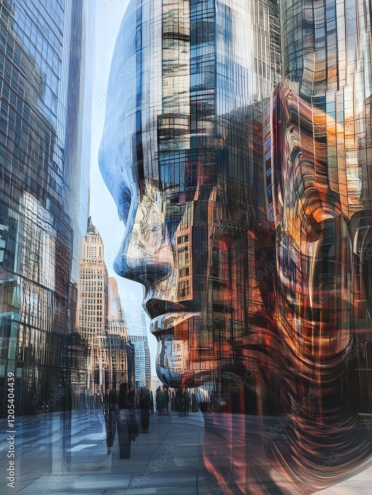 Poster overlapping buildings create a mesmerizing abstract figure, blurring the boundaries between architec