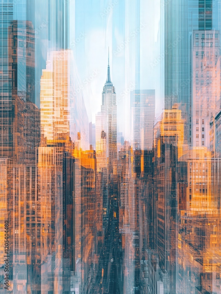 Poster overlapping buildings create a mesmerizing abstract figure, blurring the boundaries between architec