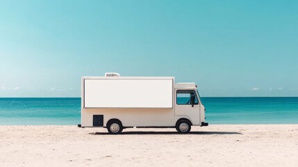 A blank food truck PNG mockup positioned on a sandy beach with a minimalistic backdrop of the ocean, ideal for presenting creative branding ideas.