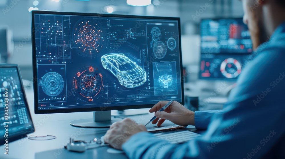 Poster Focused Man Engaged in Digital Work at Computer Displaying Sleek Automobile Image Highlighting Technology and Modern Lifestyle in a Home Office Environment