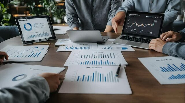 4K Footage of Close-up of a business team analyzing financial reports and data charts on laptops and printed documents during a collaborative meeting, emphasizing strategic financial planning.