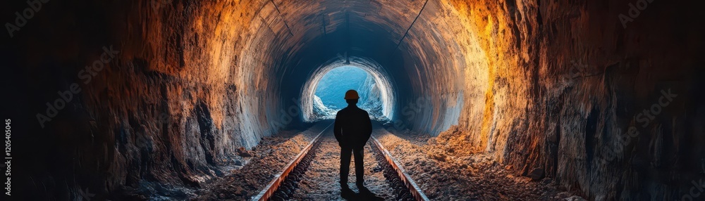 Poster a lone man stands in a dimly lit tunnel gazing out into the distant light creating a sense of myster