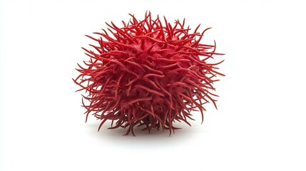 Fototapeta premium A vibrant red fruit ball rests on a clean, white surface, showcasing its glossy texture and vivid color against the minimalist background.