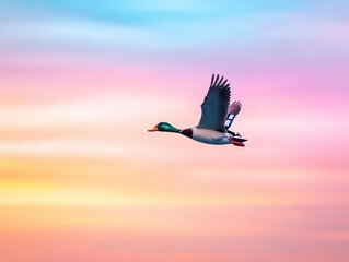 Obraz premium A minimalist silhouette of a duck in flight against a colorful sunrise sky