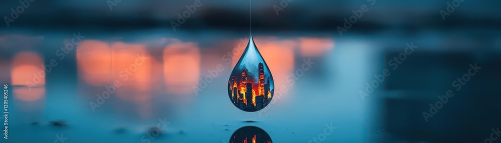 Poster a single drop of water capturing the reflection of a vibrant cityscape showcasing modern architectur