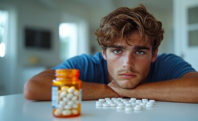 Close-up of a sad, depressed young man sitting next to a pill bottle. Various pills are scattered on a table. Background with bokeh effect. Concept of depression, mental illness, suicide.