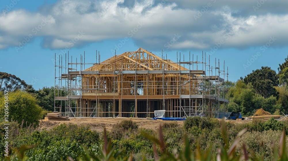 Poster newly built house with scaffolding and roof framework in progress, situated on a spacious lot ready 