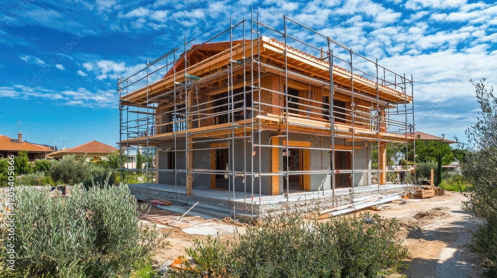 Poster newly built house with scaffolding and roof framework in progress, situated on a spacious lot ready 