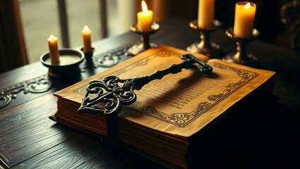 An ancient key on a book with yellowed pages illuminated by flickering candlelight.