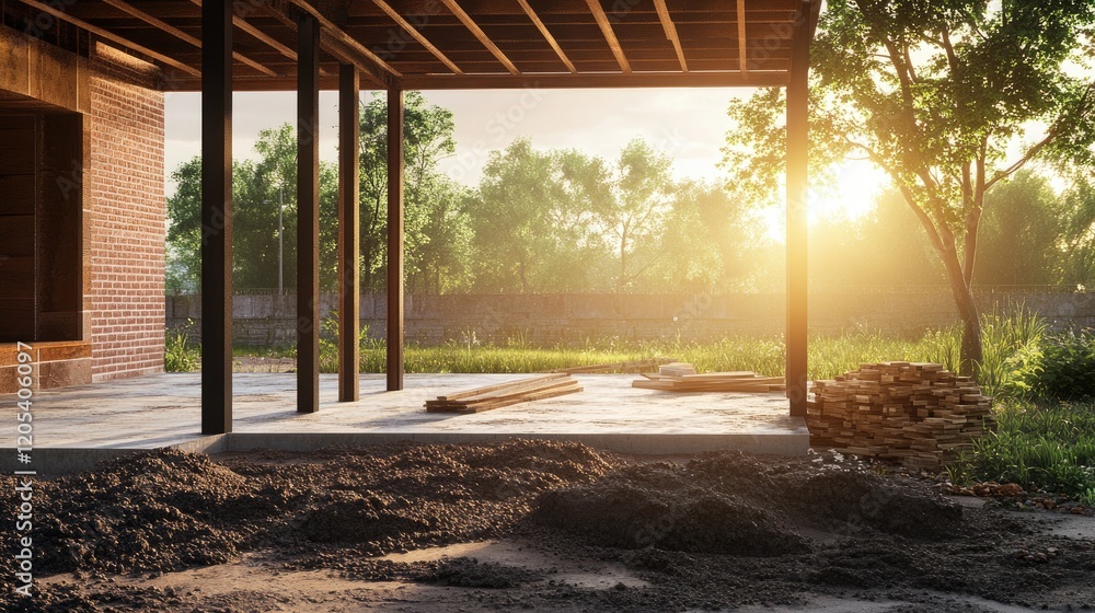 Poster newly constructed house with a clear open space, showing exposed frame structure and materials piled