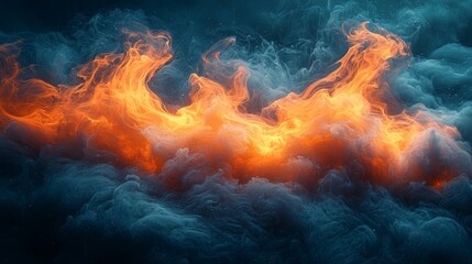 Fototapeta premium Fiery orange flames against blue smoke