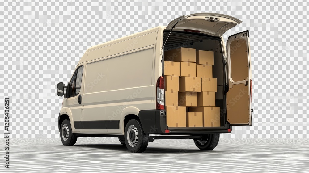 Poster cargo van with open backdoor, filled with stacked cardboard boxes for delivery, isolated on a transp