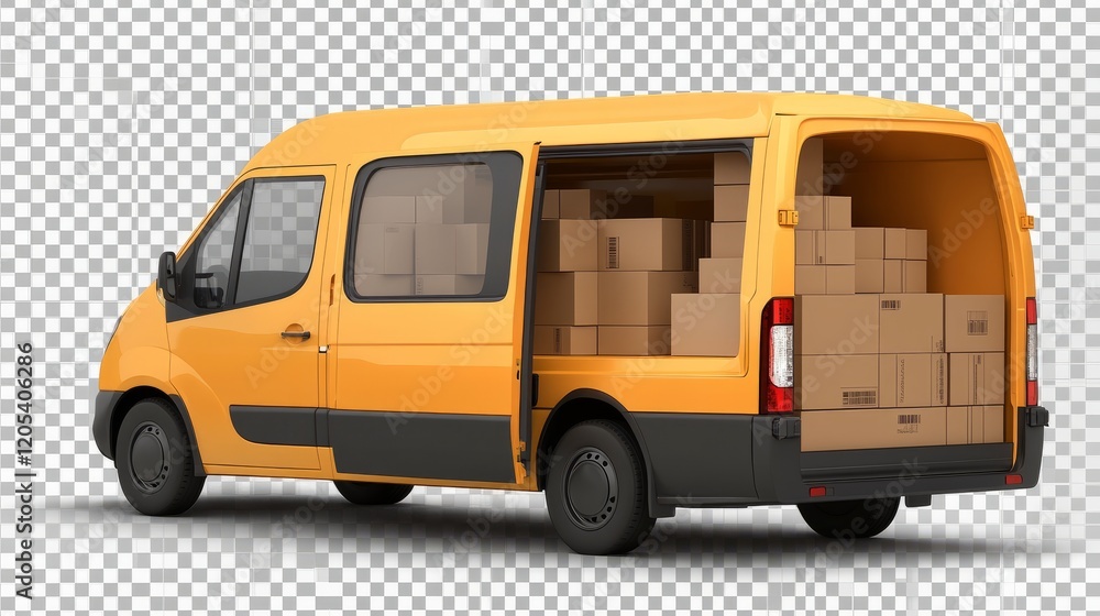 Poster cargo van with open backdoor, filled with stacked cardboard boxes for delivery, isolated on a transp