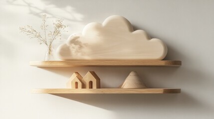 Handmade wooden shelf featuring a dreamy cloud backdrop, blending functional design with artistic cloud-inspired decor