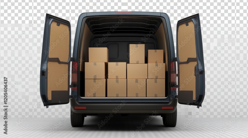 Poster delivery van, open backdoor showing neatly stacked boxes, isolated on a transparent background, perf