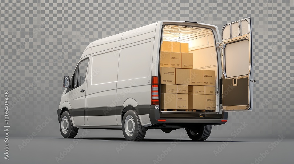 Poster delivery van, open backdoor showing neatly stacked boxes, isolated on a transparent background, perf