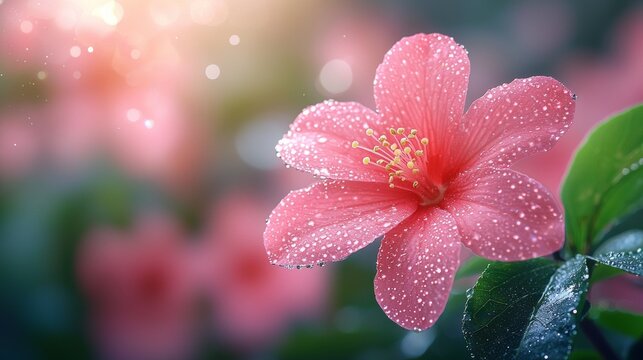 Pink hibiscus flower with sparkling dewdrops