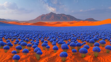 Obraz premium Blue flowers bloom in orange desert, sunset