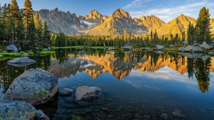Fototapeta premium A serene mountain lake reflecting the surrounding peaks and trees