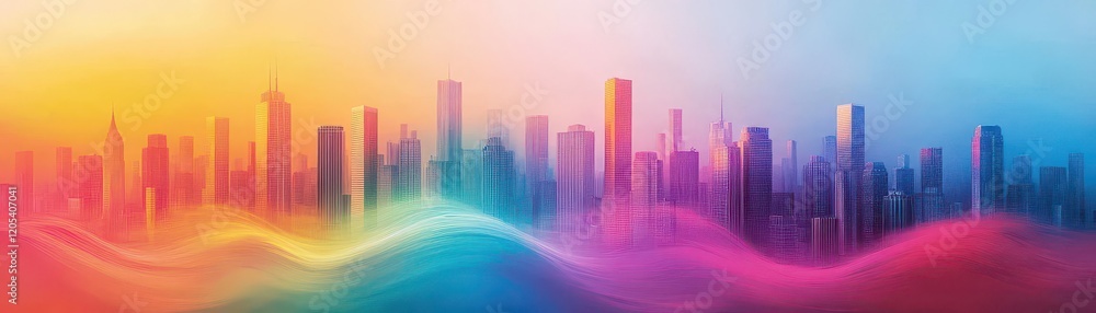 Aufkleber vibrant cityscape featuring colorful lines and unique architecture amidst a lively urban environment