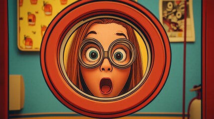 Surprised girl with glasses peering through circular frame in colorful room