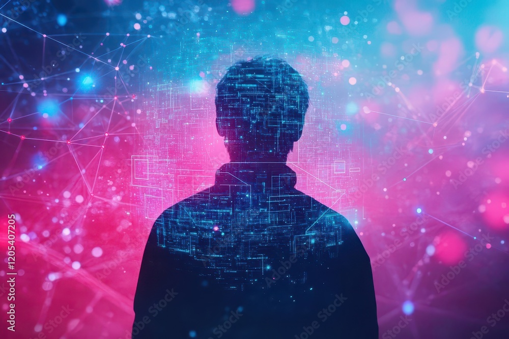 Poster a man in a black shirt stands against a vibrant backdrop of red and blue colors creating a striking 