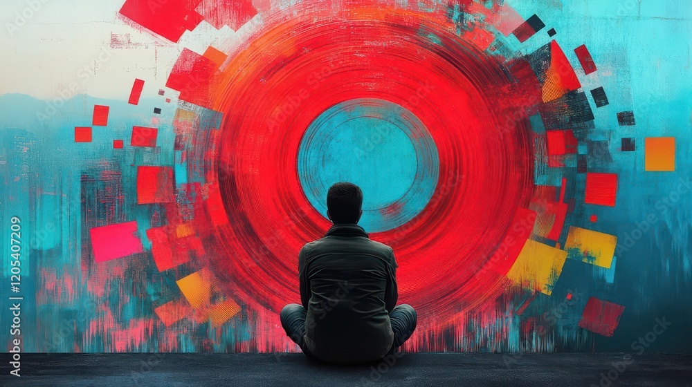 Fototapete contemplative man sitting before an intriguing abstract painting in a brightly lit gallery setting e