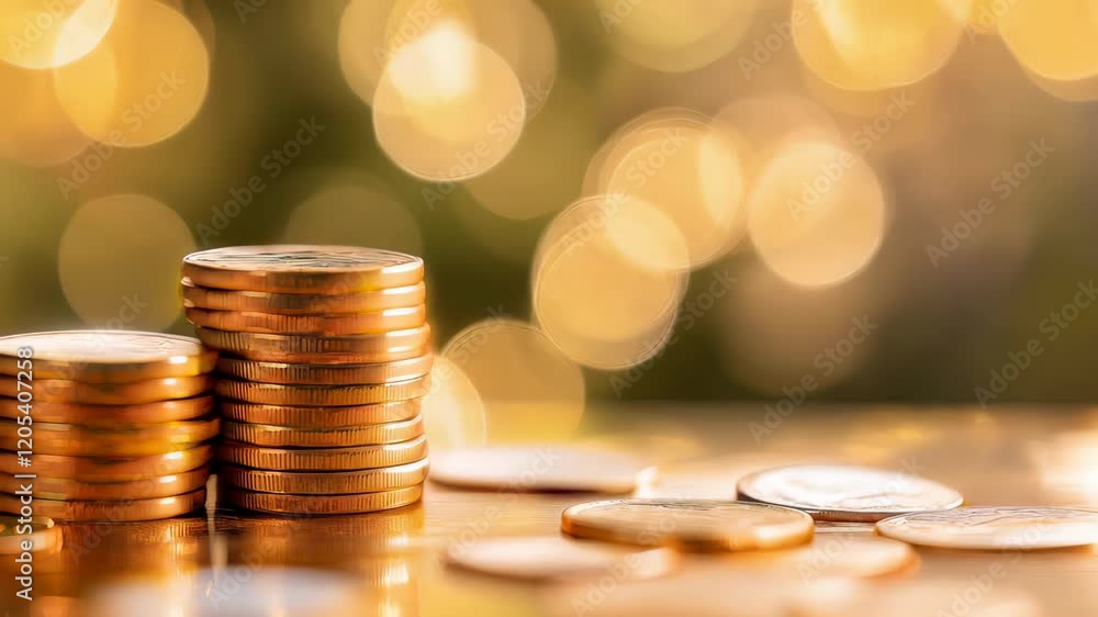 Poster two stacks of golden coins resting on a reflective surface, surrounded by scattered coins and a blur