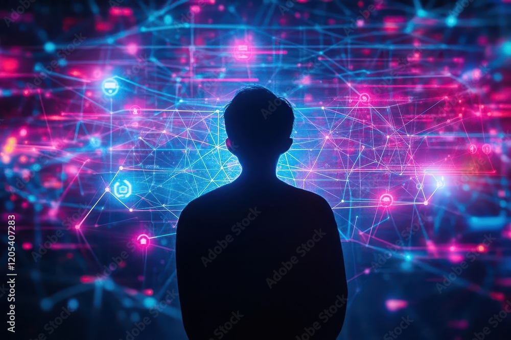Fototapete a man standing confidently in front of a vibrant and colorful abstract background showcasing bold hu