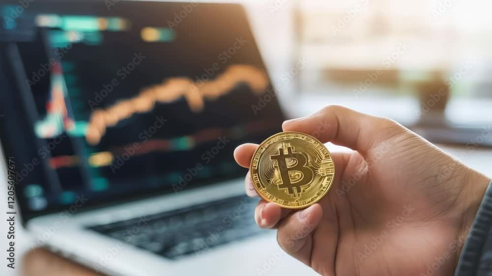 Poster Businessman showing a physical bitcoin while pointing at a laptop displaying a growing graph, representing a successful investment in cryptocurrency