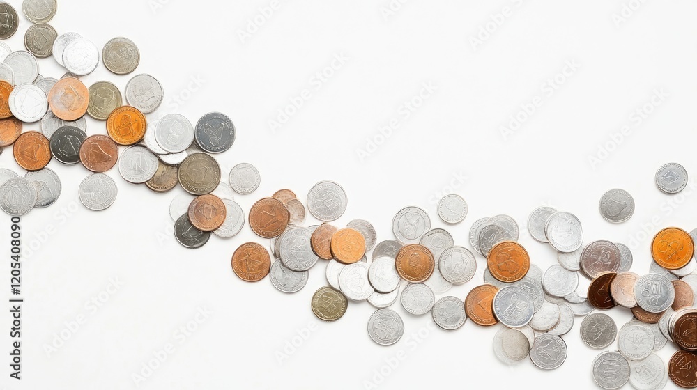 Poster an abstract composition of floating coins in a dynamic layout with a plain white background.
