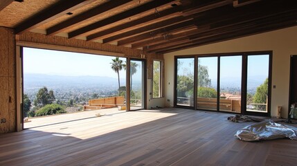 Unfinished house construction, showing exposed beams and walls, ready for insulation, windows, and final exterior work