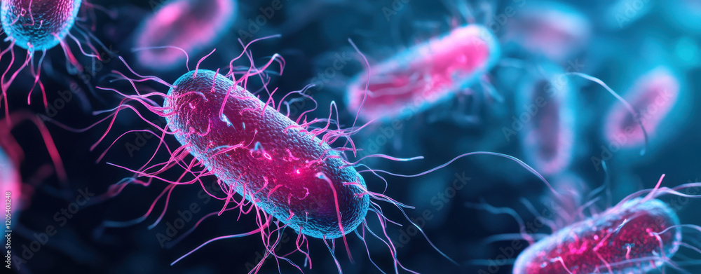 Poster microscopic view showcases colorful bacteria with distinct shapes and textures, highlighting the int