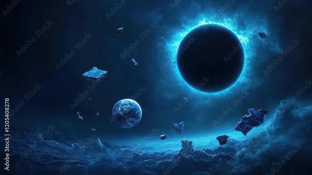 Poster A Space Station Floating Gracefully Amidst a Colorful Nebula Filled with Stars and Cosmic Dust Creating a Mystical and Otherworldly Scene