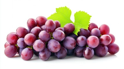 A fresh bunch of grapes accompanied by a green leaf, set against a clean white background, showcasing vibrant colors and natural beauty.
