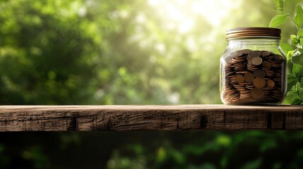 Fototapeta premium An overflowing coin jar sitting on a rustic wooden shelf against a blurred green garden background.