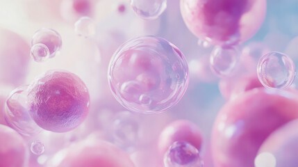 Vibrant pink and purple cells floating gracefully in a soft, ethereal environment. The delicate arrangement evokes a sense of microscopic beauty and organic elegance.