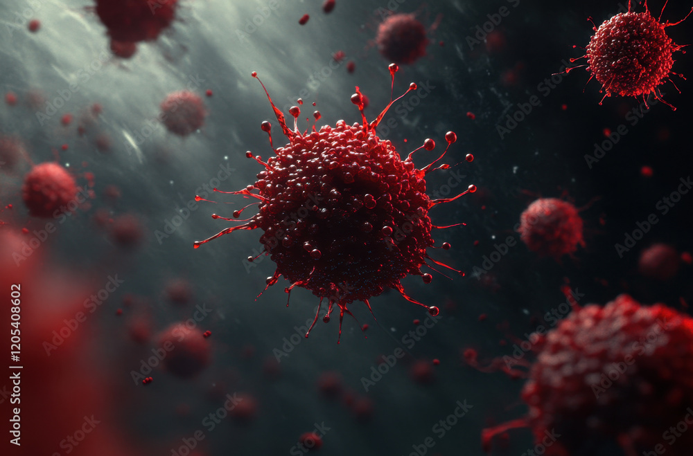Poster red cancer cells are displayed in detail, showcasing their unique shapes and textures. the backgroun