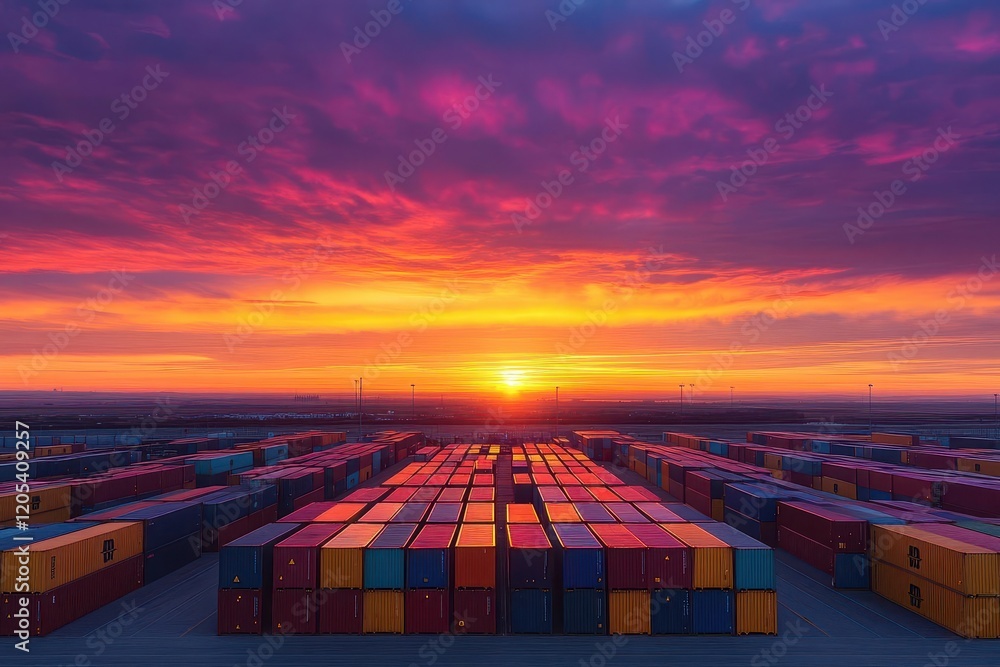 Poster Vibrant Sunset Illuminating a Busy Container Yard with Stacked Cargo Containers Creating a Dynamic Industrial Landscape in the Evening Sky