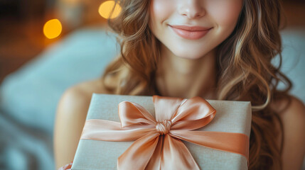 Joyful woman holds a beautifully wrapped gift with a ribbon at a cozy celebration setting during winter
